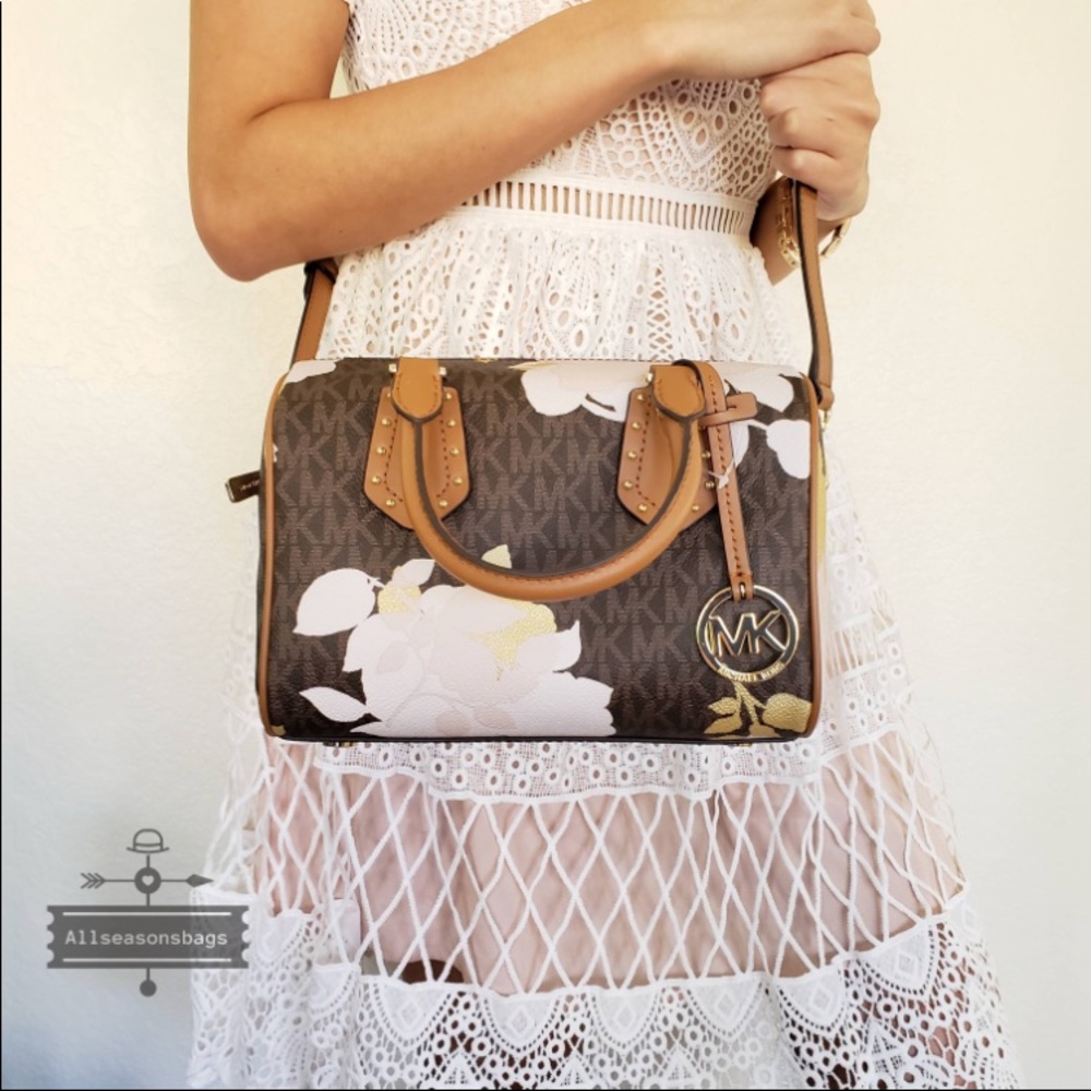 NWT Michael Kors Small Aria Satchel Brown Floral - Picture 5 of 7